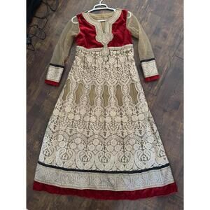 Girls Indian Anarkali Dress Red Velvet Gold Embroidery Party Wedding 28 Chest